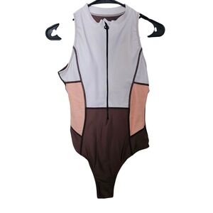 Womens Colorblock High Neck Half Zip Sleeveless One Piece Swimsuit Brown White